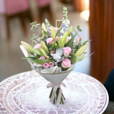 Fresh Garden Blooms, Lily Pink, Spray Rose, Rose Pink, Delphinium
